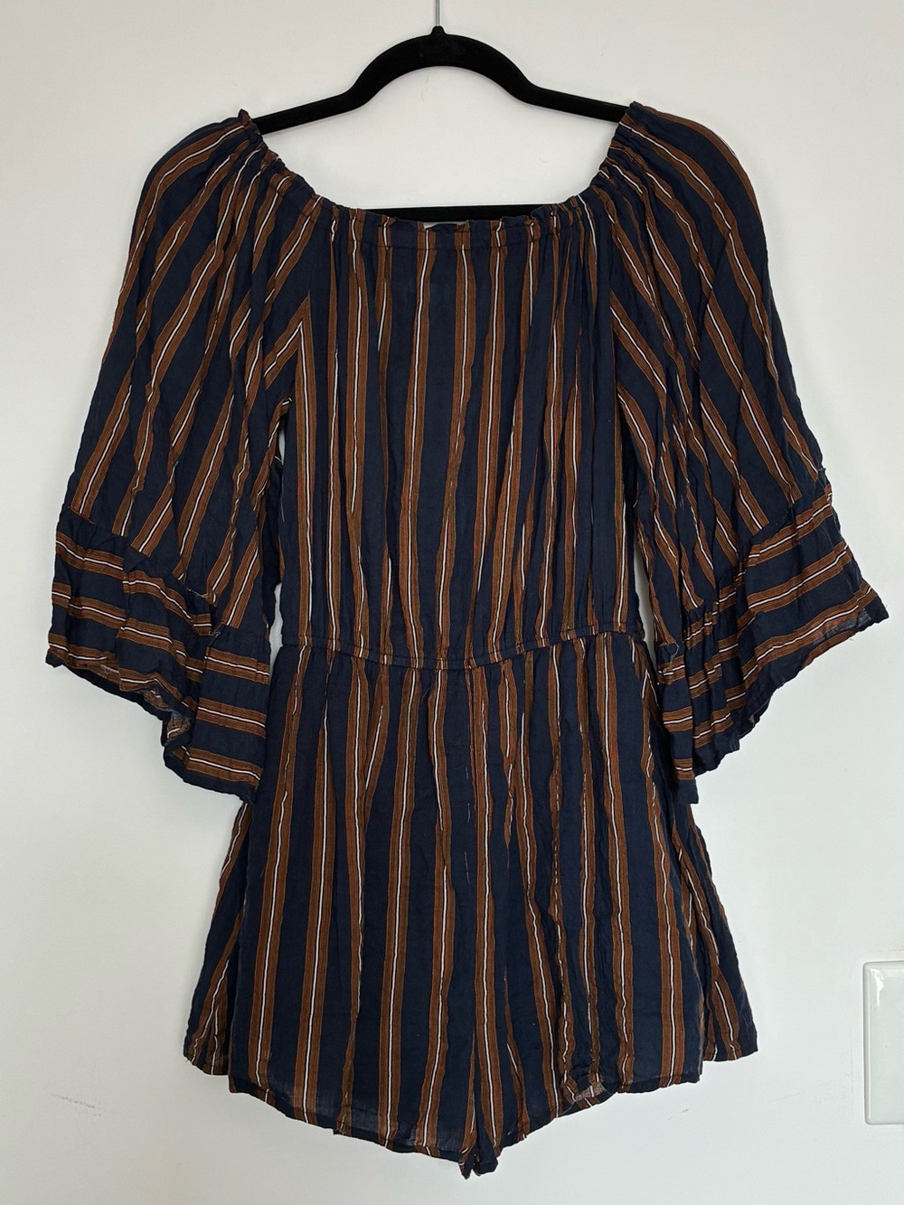 Navy and Brown Striped Off-Shoulder Romper Dress medium